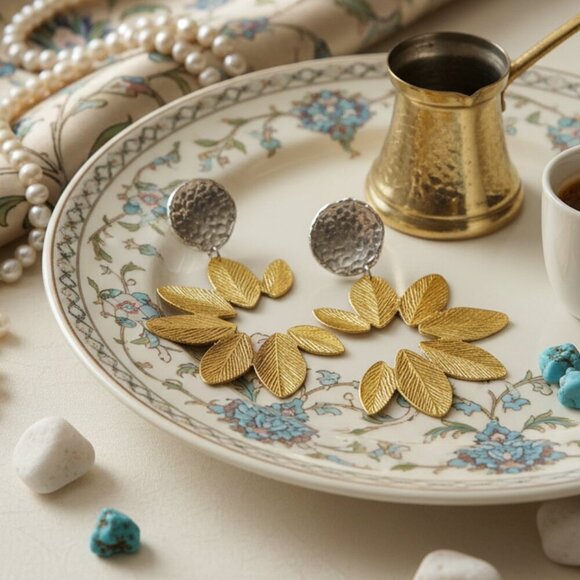 Turkish Stunning Handmade Artisan 18K Gold Plated Brass Fine Leaf Earrings - Picture 5 of 11